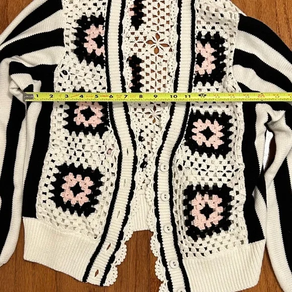 Anne Fontaine Black and Cream Crochet Cardigan Black White Pink Knit Size M